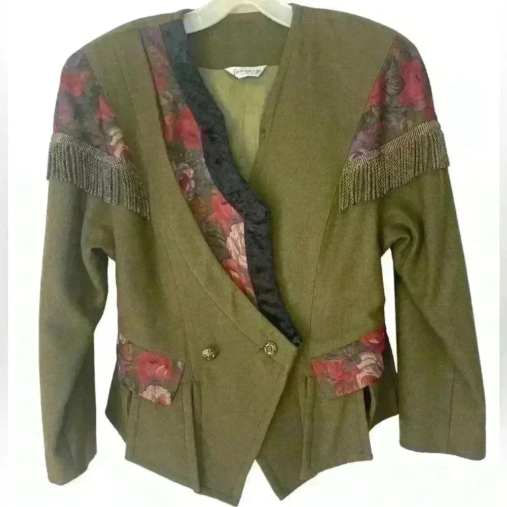 Vintage Jacket Skirt Women 9 Med Military Floral Green Wool? *Flaws* Fringe